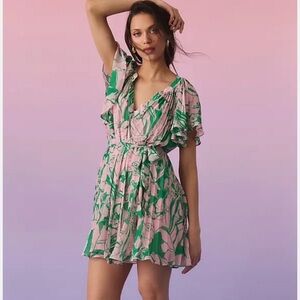 Anthropologie Floral Green and Pink Women's Dress